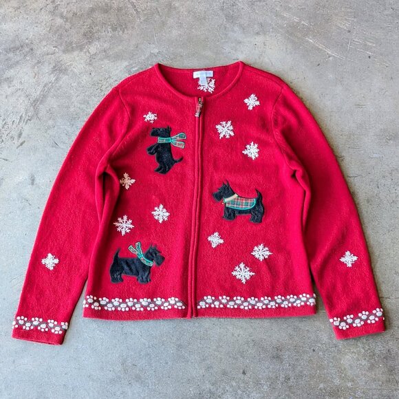 Vintage Charter Club Red Scottie Dog Full Zip Wool Sweater large - Picture 1 of 8